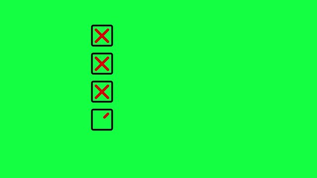 Five bullet point multiple choice checklist presentation boxes with crosses animation on green background. Red wrong incorrect cross square boxes for rejection, evaluation or form completion concepts