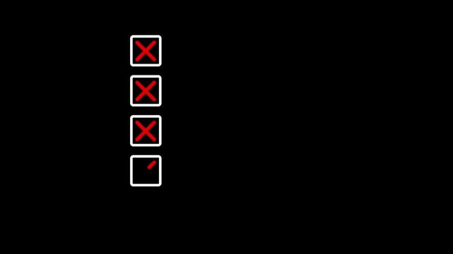 Five bullet point multiple choice checklist presentation boxes with crosses animation on black background. Red wrong incorrect cross square boxes for rejection, evaluation or form completion concepts