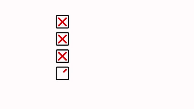 Five bullet point multiple choice checklist presentation boxes with crosses animation on white background. Red wrong incorrect cross square boxes for rejection, evaluation or form completion concepts
