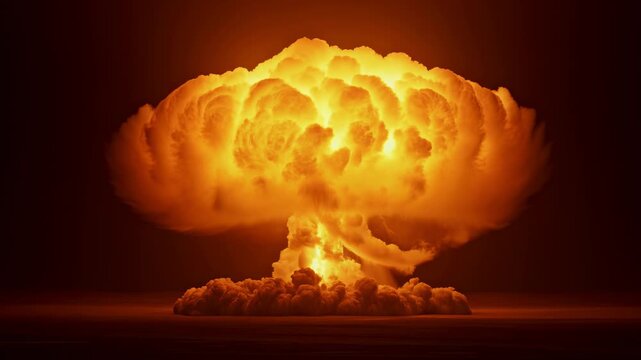 Nuclear explosion expands into a glowing mushroom cloud above a dark landscape. Military documentary, nuclear threat communication, and disaster education.