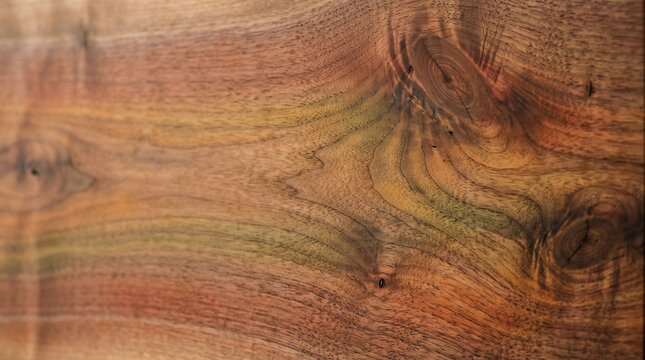 Walnut Wood Texture: Close-up view of a natural walnut wood grain, showcasing its rich brown and orange hues, interwoven with subtle green undertones and distinct knots.