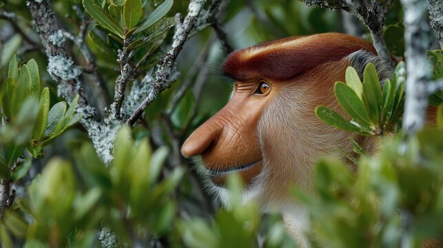 A profile view captures the distinctive proboscis monkey amidst lush foliage, highlighting its unique features and blending with the natural habitat