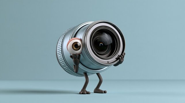 Silver camera lens with tiny rainbow reflection looking around curiously on pastel blue background