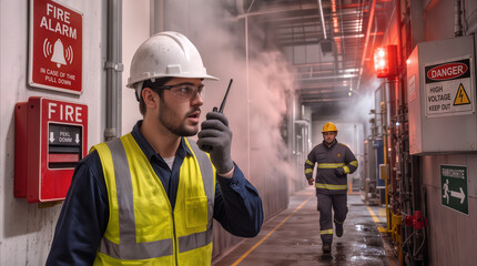 Plakat Emergency responder using walkie-talkie during industrial fire evacuation. Safety officer coordinating rescue efforts in smoke-filled corridor of manufacturing facility.