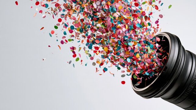 Camera flash firing colorful confetti instead of light on white background