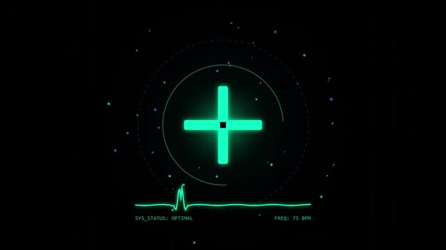 Glowing green plus symbols pulse with digital data against a dark background