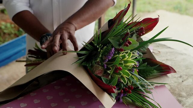 florist wrapping a colorful floral bouquet in brown paper at a workbench