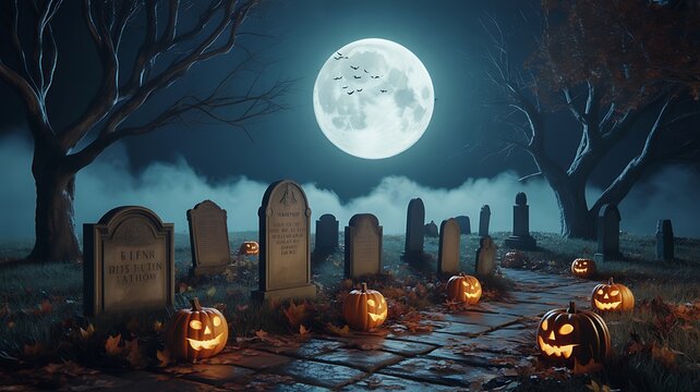 Spooky halloween graveyard scene with glowing jackolanterns and a full moon over tombstones in a misty night