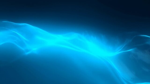Luminous cyan-blue waveforms flow across a dark navy abstract background. Technology presentations, website hero sections, and broadcast graphics.