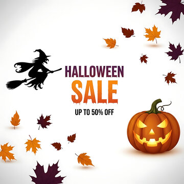 Halloween sale banner with witch silhouette and glowing pumpkin
