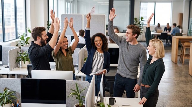 Diverse group of happy business people celebrating success with high fives in a modern office environment