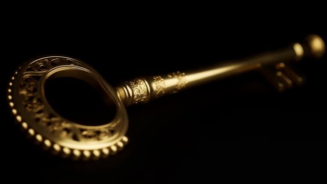 Ornate antique key rotates slowly in a dark studio close-up with shifting focus. Security advertising, access control messaging, and privacy campaigns.