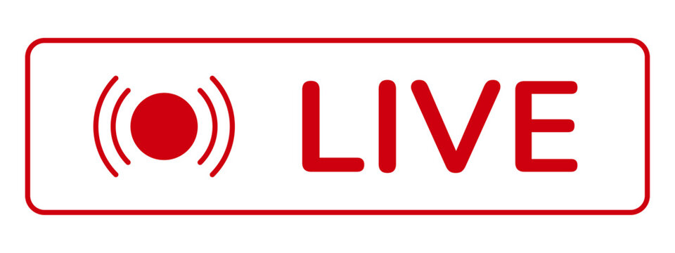 Red Outline Live Streaming Button With Signal Waves Icon For Video Broadcast. Isolated Vector Illustration On White Background