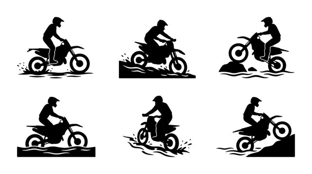 Motocross Rider Silhouettes, Off-Road Motorcycle Action Icons, Extreme Sports Vector Set