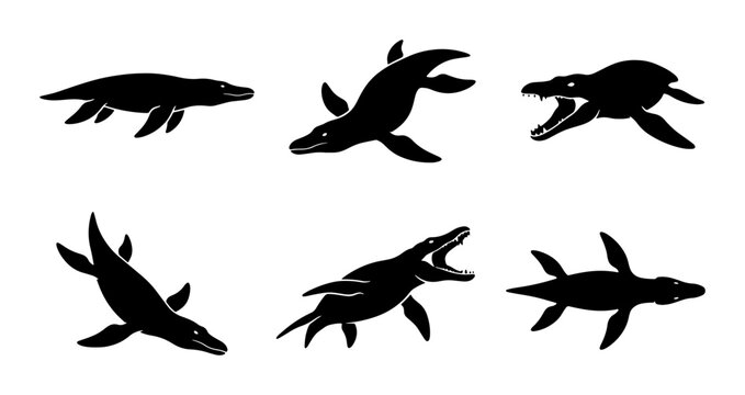 Prehistoric Marine Reptile Silhouettes, Ancient Sea Creatures Vector Icons, Jurassic Ocean Predators Collection