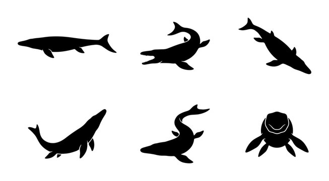 Marine Reptile Silhouettes, Prehistoric Sea Creature Icons, Ancient Aquatic Animal Vector Set