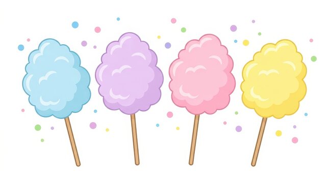 Set of Colorful Pastel Cotton Candy on Wooden Sticks, Sweet Fluffy Candy Floss Vector Illustration on White Background