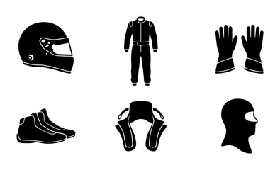 Obraz premium Racing Gear Icons Set: Helmet, Suit, Gloves, Shoes, Balaclava, Neck Brace