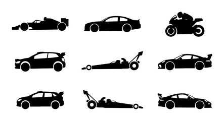 Obraz premium Set of 9 Black Silhouette Vehicles: Sports Cars, Dragsters, Motorcycle, Formula 1