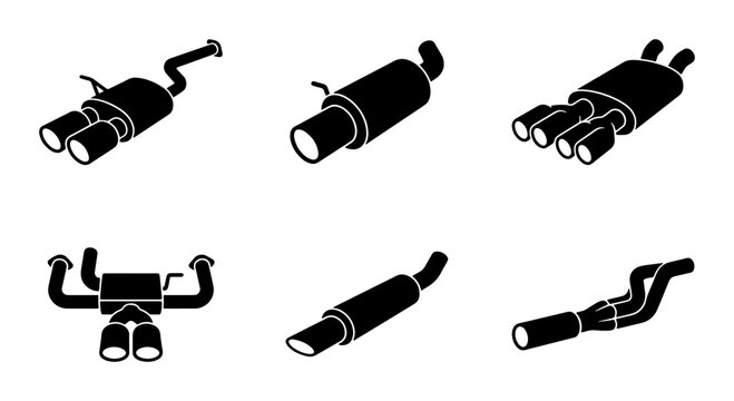 Automotive Exhaust Systems, Vector Icons Set: Mufflers, Tailpipes, Performance Parts for Auto Repair and Tuning