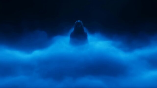 Mysterious humanoid silhouette emerging through blue fog in a dark atmospheric space. Horror film promotion, supernatural storytelling, and thriller title sequence.
