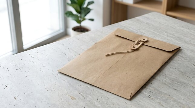 A close-up of a brown paper envelope with a string tie closure sitting on a clean, light textured office table top