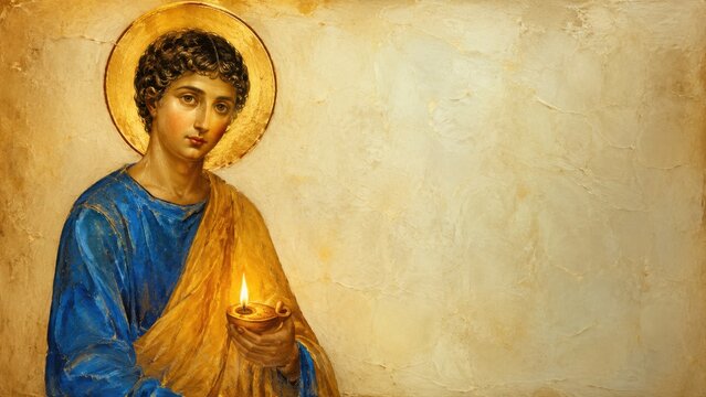 Christian devotional icon of a sacred young figure holding a glowing oil lamp with copy space