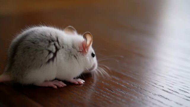 White mouse sitting on a polished wooden floor in a softly lit indoor setting. Pet care marketing, animal behavior education, and laboratory research communication.