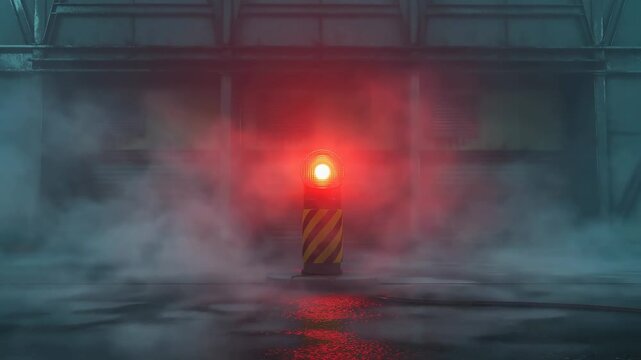 Red warning beacon pulses through fog inside a reflective industrial warehouse. Industrial safety campaigns, emergency preparedness, and security presentations.
