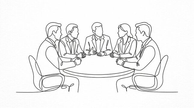 Continuous line drawing of business team meeting at round table, isolated on white background