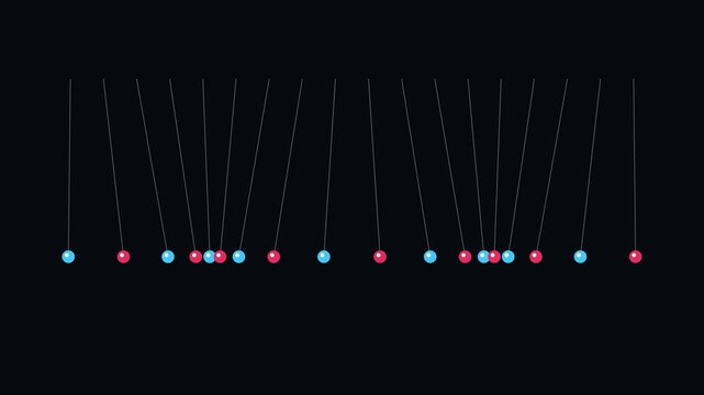 Pendulum wave animation with alternating blue and red spheres swinging against a dark background