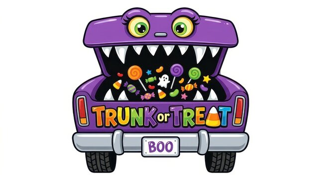 Halloween Trunk or Treat Illustration Featuring a Purple Monster Car Filled with Assorted Candies