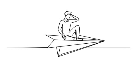 Man sitting on a paper plane  continuous one line drawing © GOBINDO