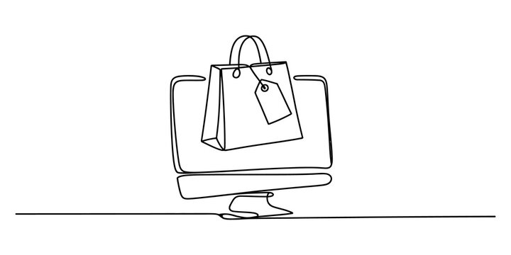 Continuous one line drawing of a shopping bag on a computer screen
