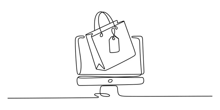 Continuous one line drawing of a shopping bag on a computer screen