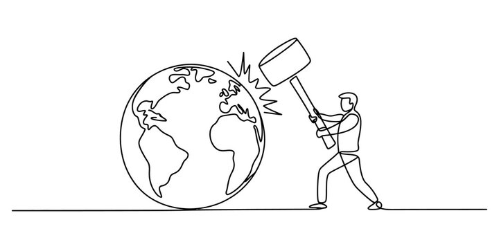 Continuous line drawing of a person hitting the earth globe with a large hammer
