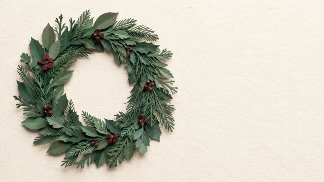 Christmas paper wreath with evergreen branches and red berries on neutral background