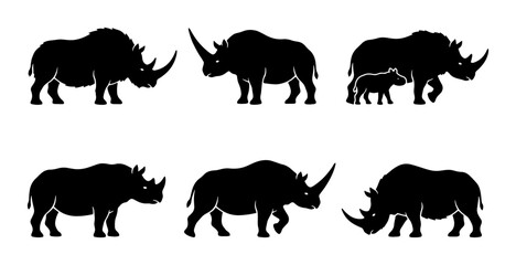 Obraz premium Rhino Silhouettes Vector Set: Majestic African Wildlife, Parent and Calf, Graphic Icons