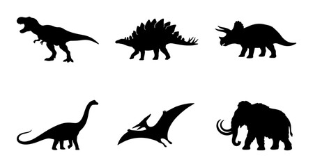 Dinosaur Silhouettes Collection: Prehistoric Animals, Extinct Creatures, Mammoth Icons, Vector Graphics © Apurbo
