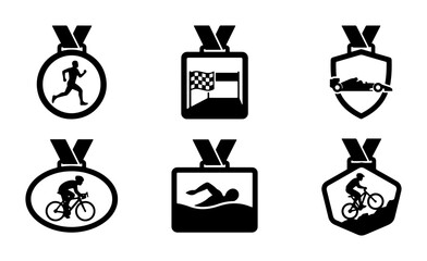 Obraz premium Sports Medals Vector Icons: Running, Cycling, Swimming, Racing, Triathlon Awards