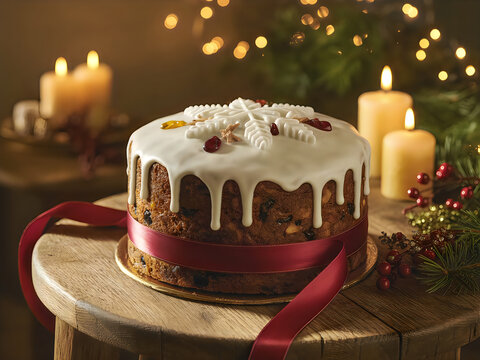 Delicious green dripped cake on wooden plate with candles