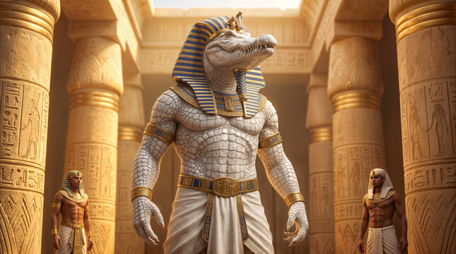 Mythical Sobek deity standing in ancient Egyptian temple. Anthropomorphic crocodile god with muscular human body wearing traditional pharaoh headdress and golden jewelry.