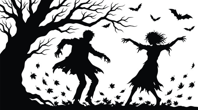 Creepy zombie couple dancing under a barren tree in this detailed black and white vector illustration