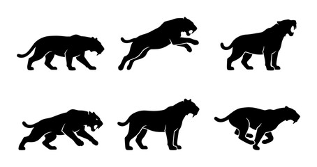 Obraz premium Saber-Toothed Cat Silhouettes, Prehistoric Animal Poses, Vector Icons for Wildlife and Evolution Themes