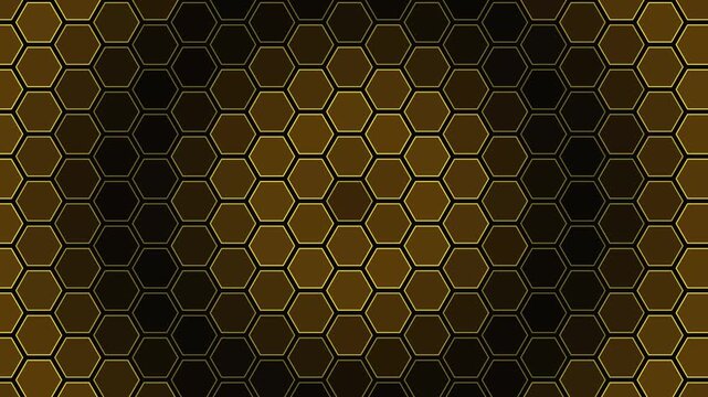 Glowing golden hexagon pattern moving across dark abstract background