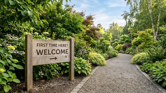 First time here welcome sign located in a lush green garden path perfect for new visitors entering a park nature