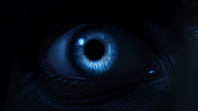 Blue human eye close-up is looking toward camera. Optometry advertising, ophthalmology campaigns, and healthcare education.