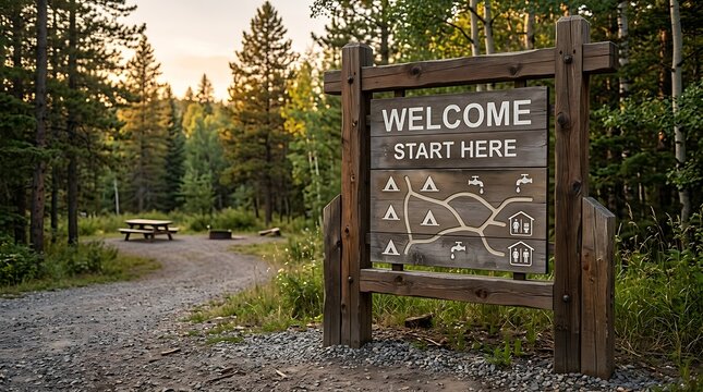 A rustic wooden park map sign indicating a campground for visitors who are first time here at a national forest site
