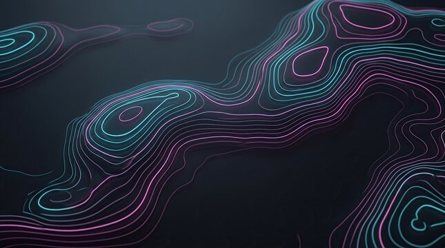 Abstract topographic map illustration with glowing neon cyan and magenta contour lines, digital data visualization and futuristic landscape background.