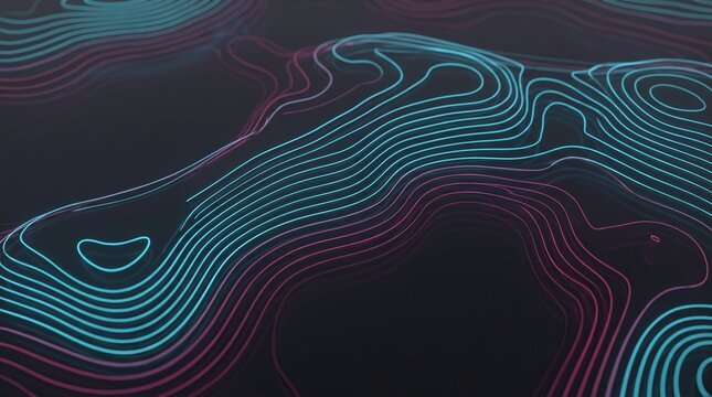 Abstract topographic map lines with glowing neon blue and pink gradients, digital landscape visualization and futuristic data stream background.